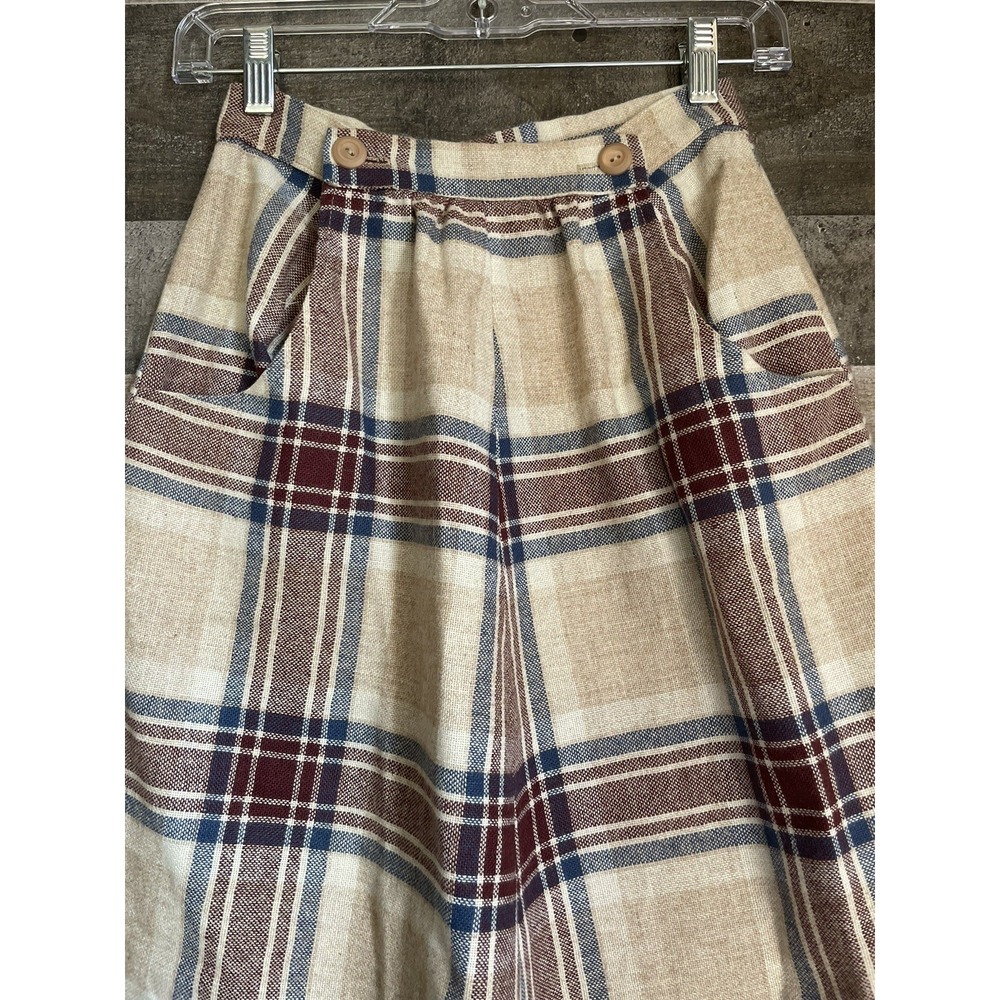 Vtg Union Made Wool Skirt Size 5 6 Tan & Blue Plaid Preppy Midi Knee School Girl - Picture 2 of 6
